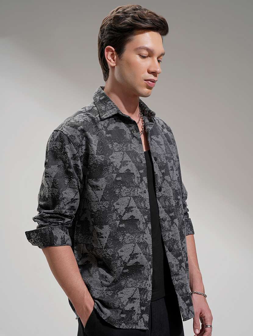 men collared charcoal self design regular fit shirt - 22469723 -  Standard Image - 2
