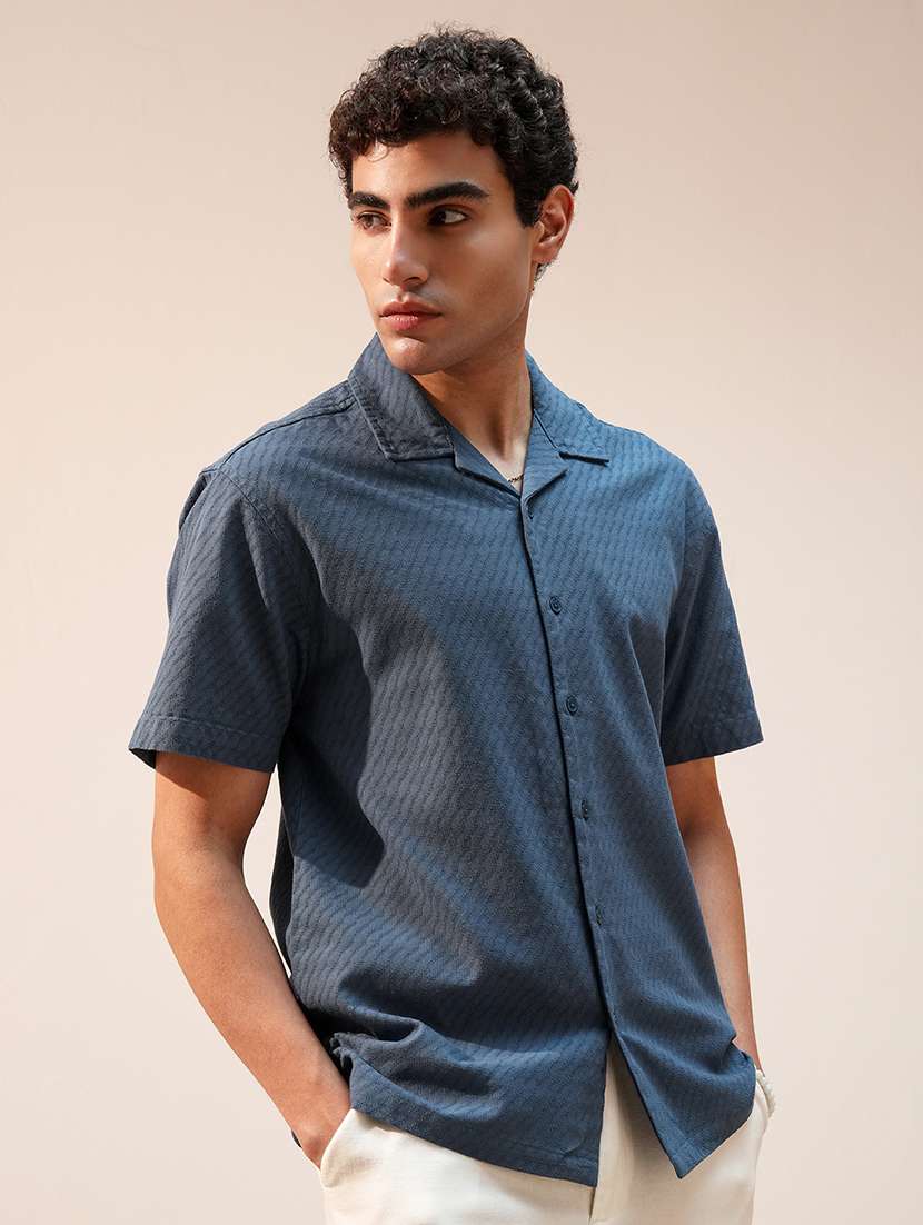 men blue cotton self design cuban collar shirt - 22469772 -  Standard Image - 2