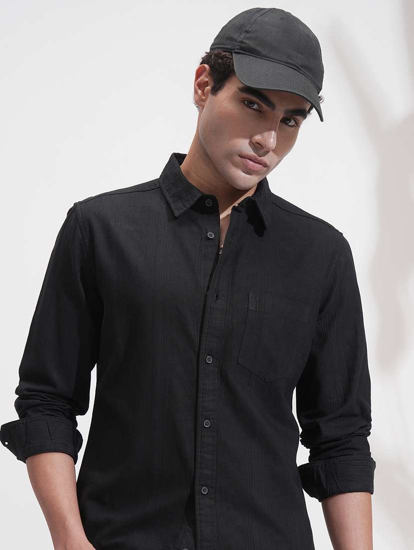 men regular fit black cotton solid shirt