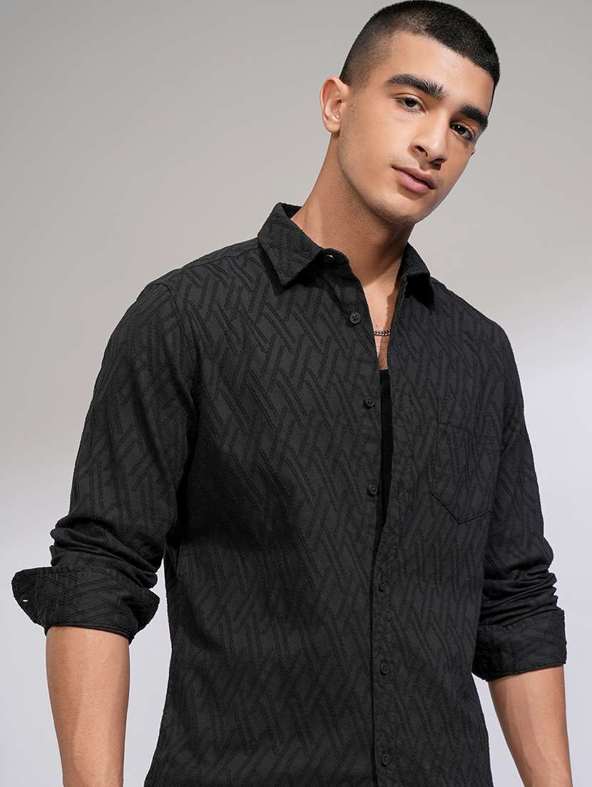 men self design long sleeve regular fit casual shirt
