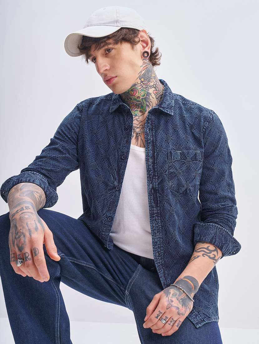 men self design long sleeve regular fit casual shirt