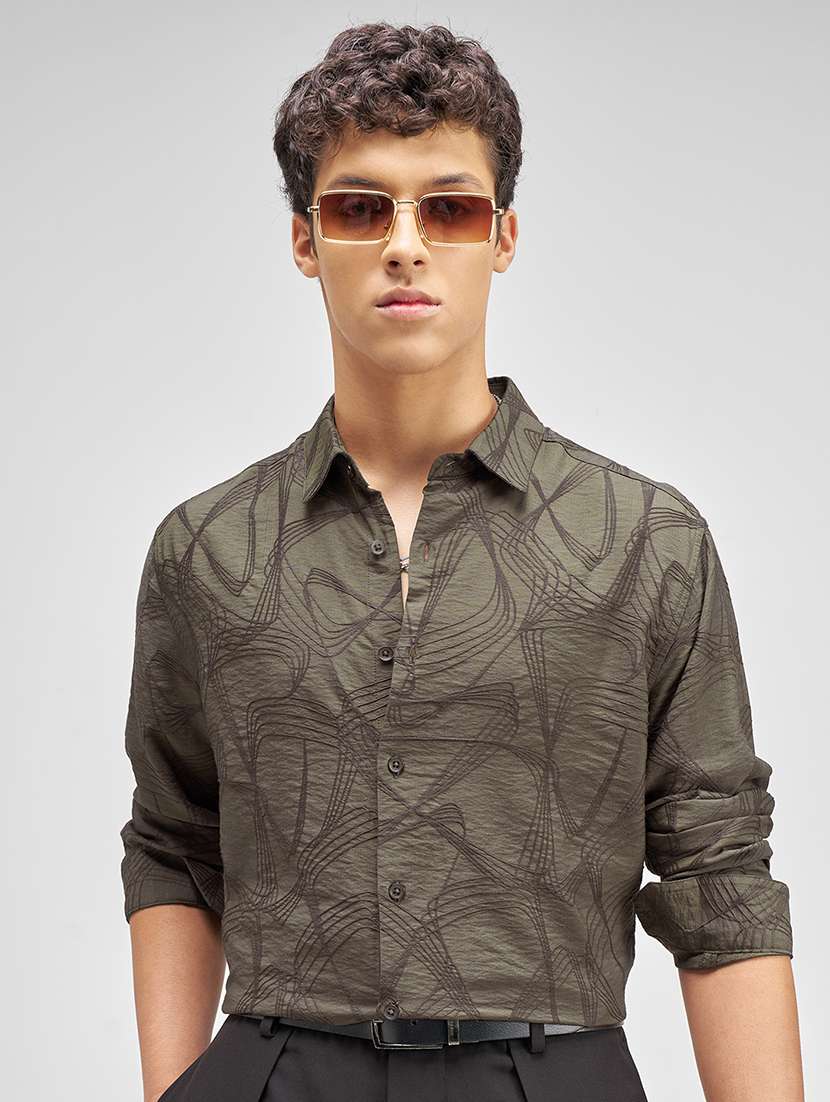 men self design long sleeve regular fit casual shirt