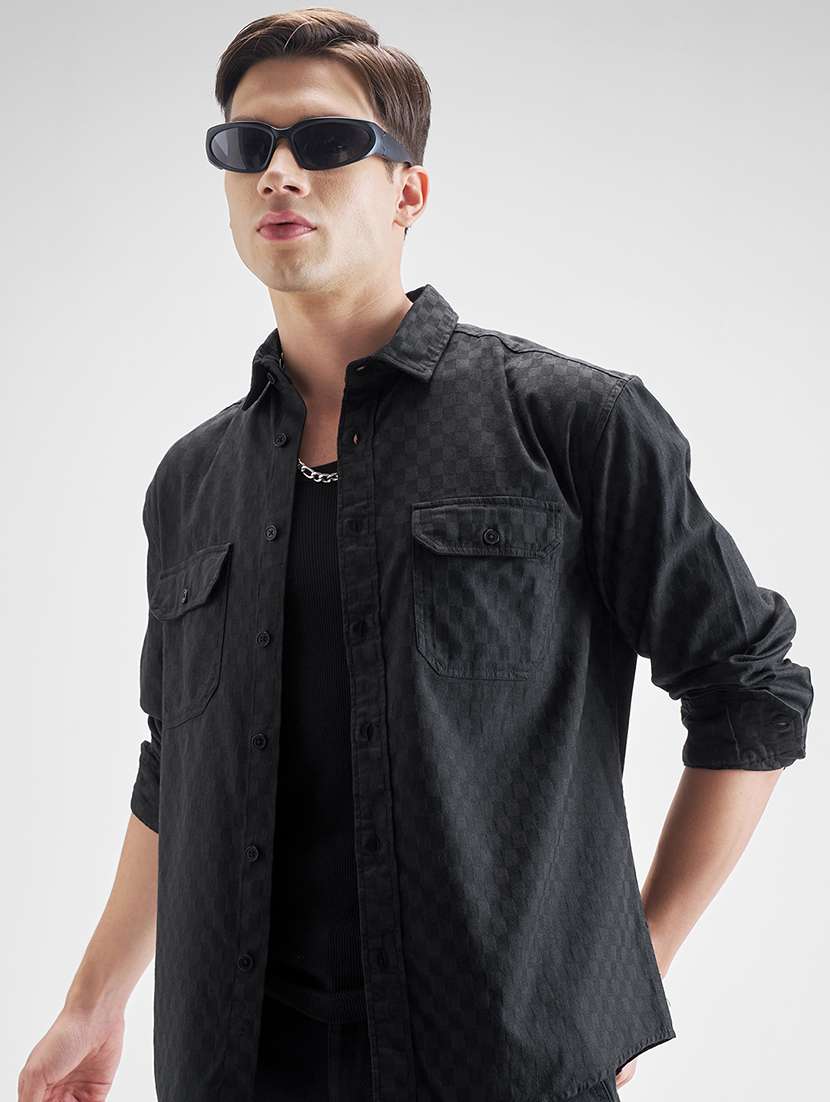 men self design long sleeve regular fit casual shirt
