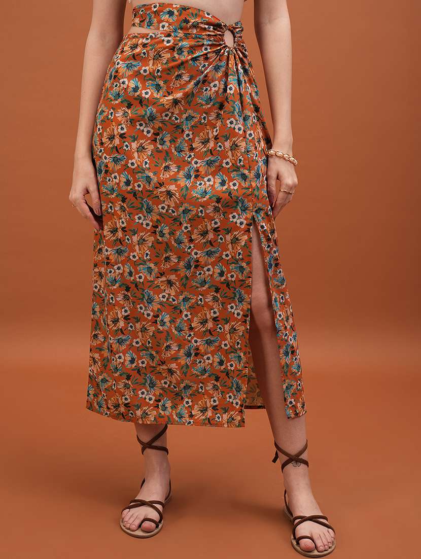 women orange polyester a-line skirt