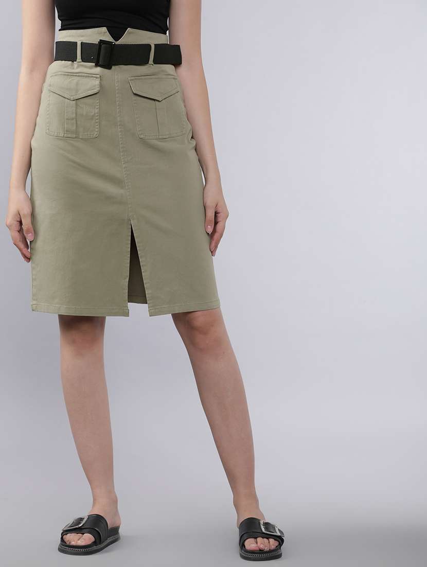 women grey cotton blend a-line skirt