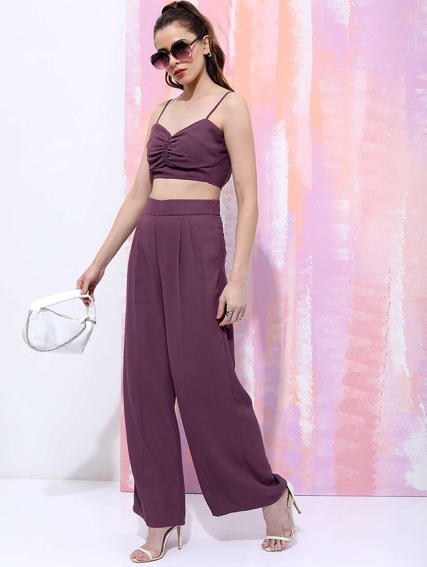 women purple polyester sleeveless solids top and trouser set - 22470626 -  Standard Image - 2