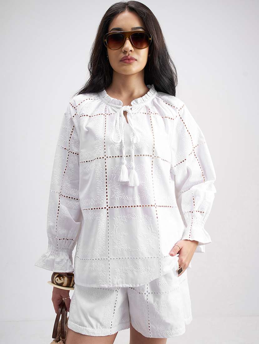 women white self design top and shorts set