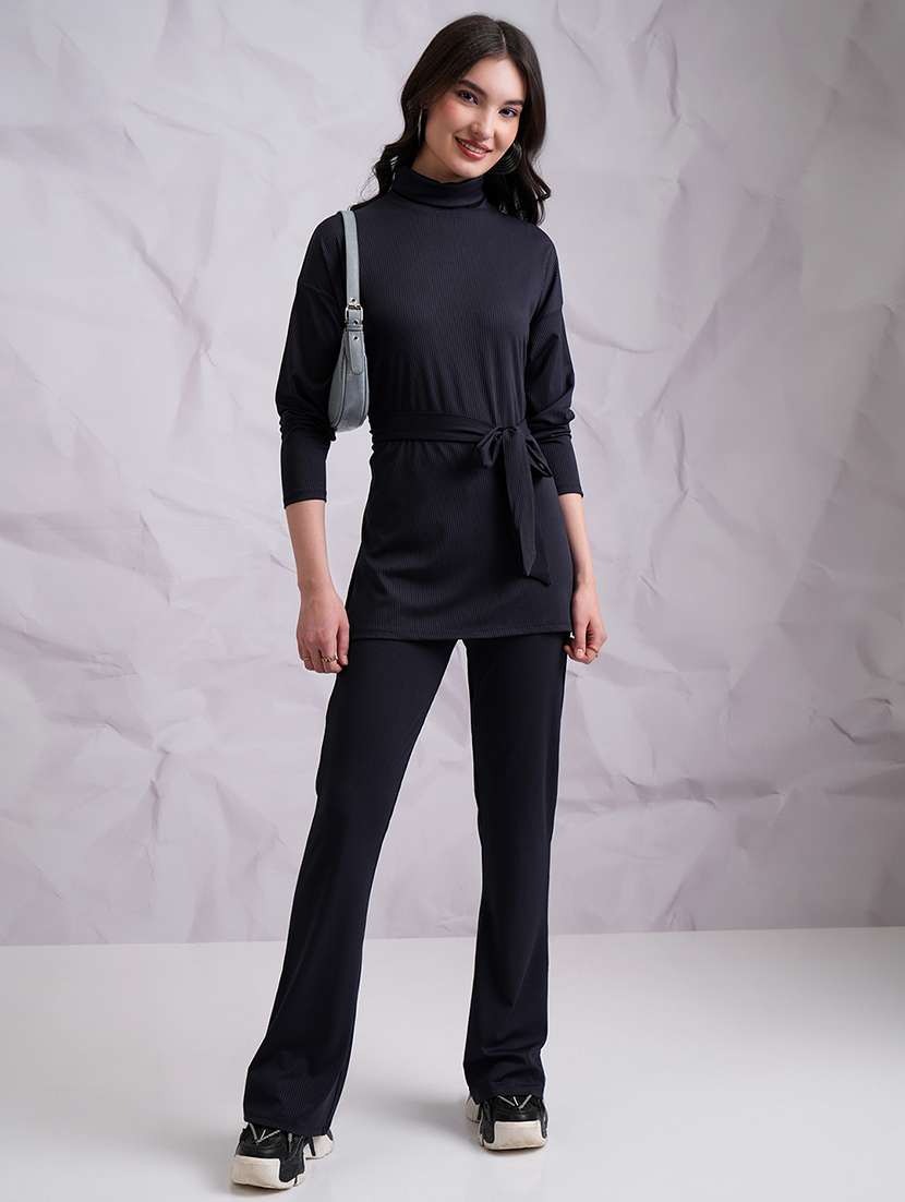 women solid polyester top and trouser set
