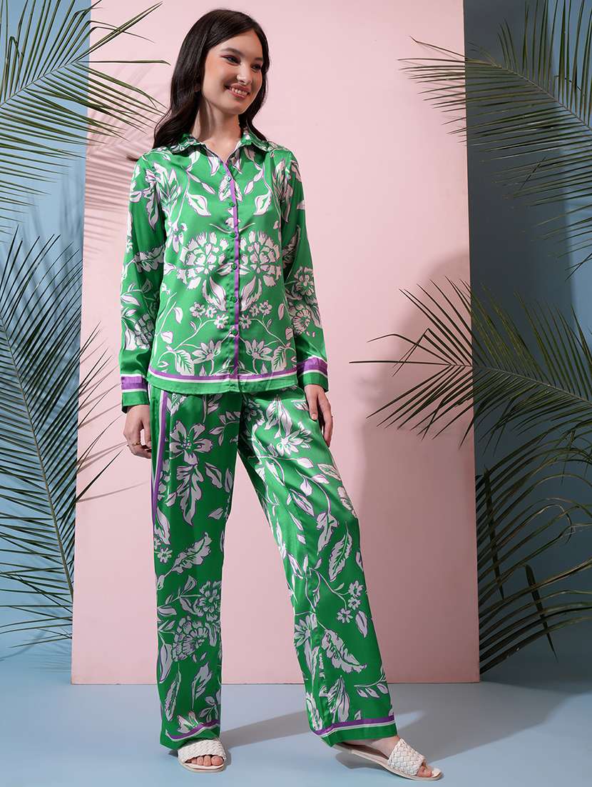 women printed polyester long sleeve co-ords green - 22470636 -  Standard Image - 2