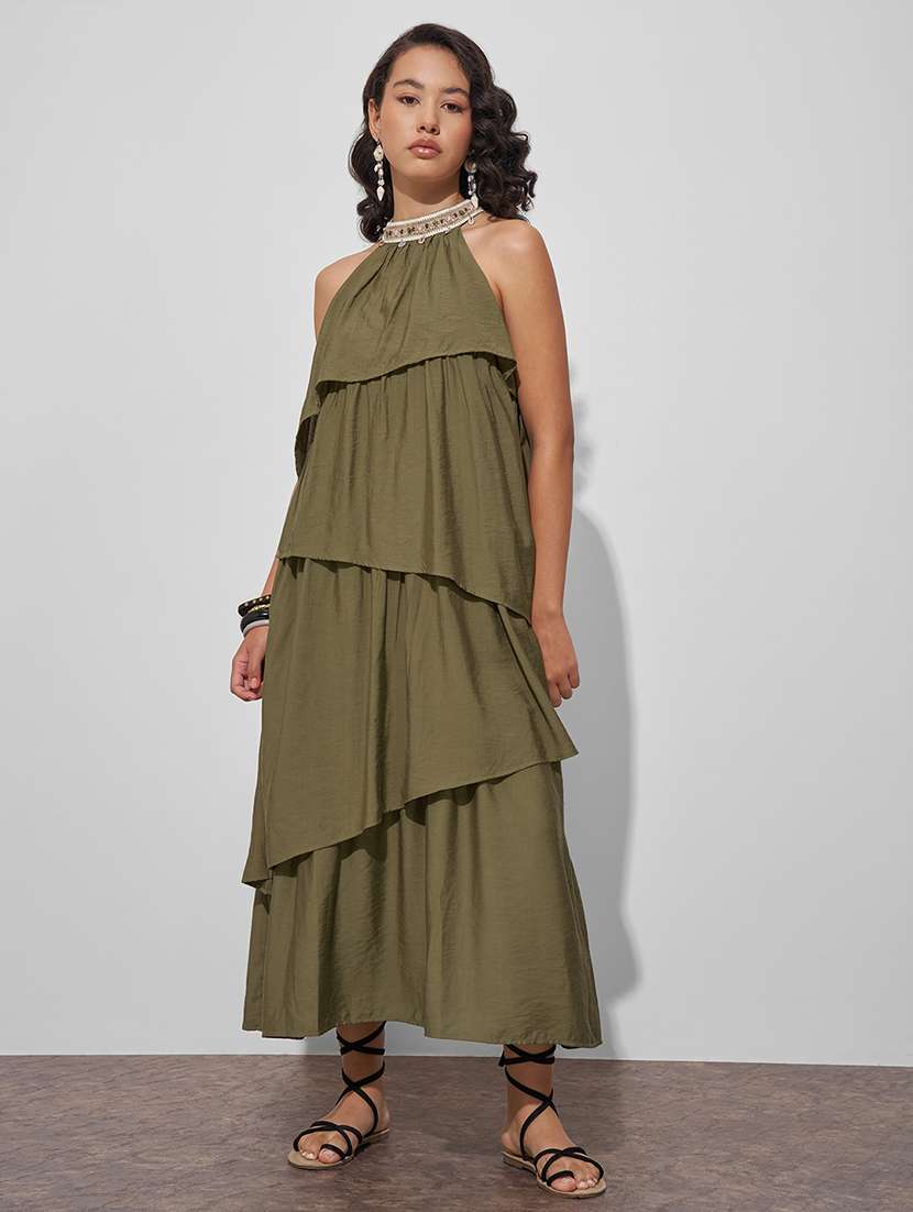 women olive viscose a-line dress
