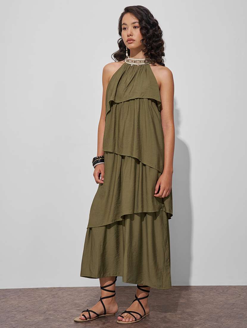 women olive viscose a-line dress - 22470704 -  Standard Image - 2