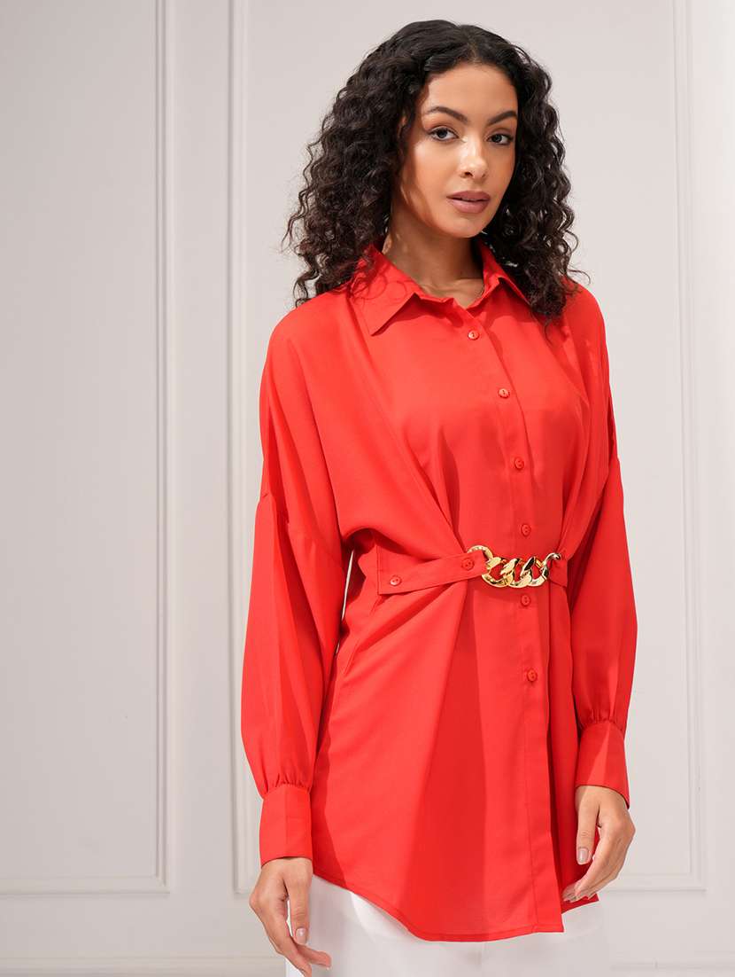 women red polyester shirt dress