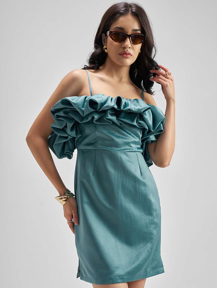 women teal polyester bodycon dress