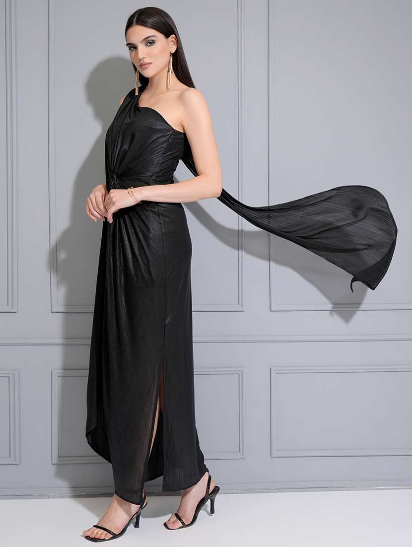women single shoulder black polyester party wear dress - 22470739 -  Standard Image - 2