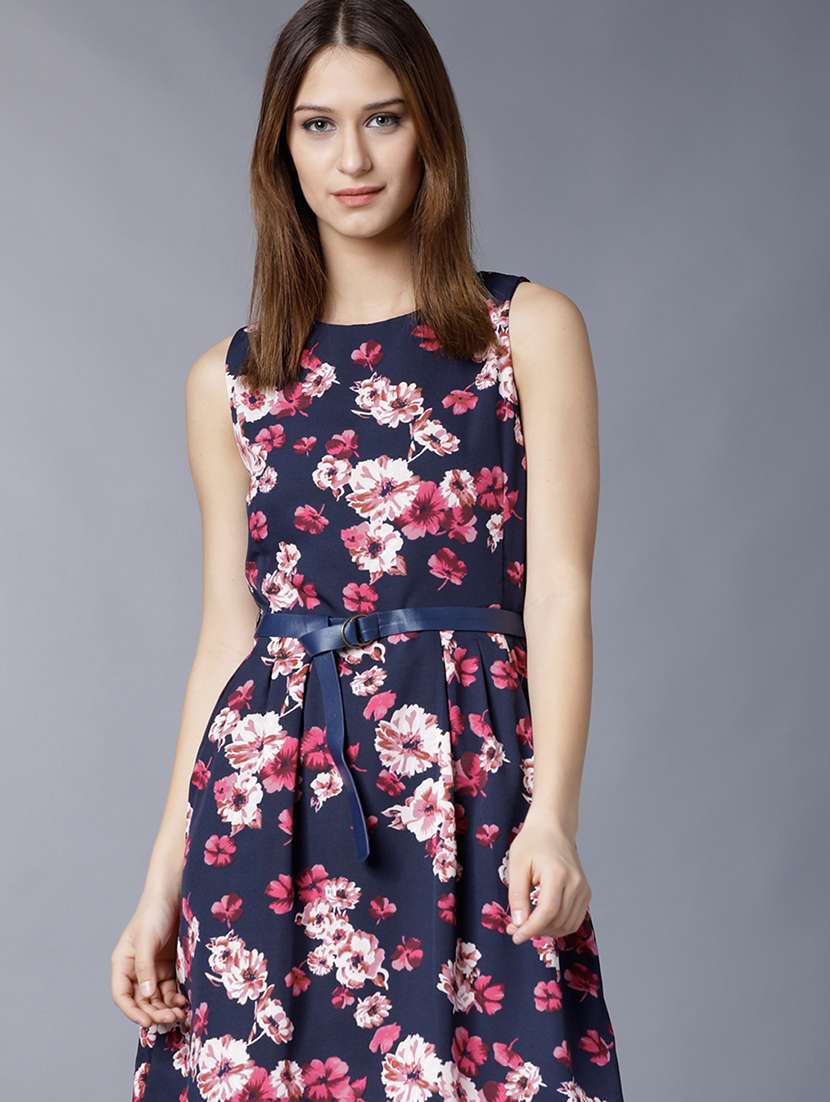 women navy blue polyester fit & flare dress