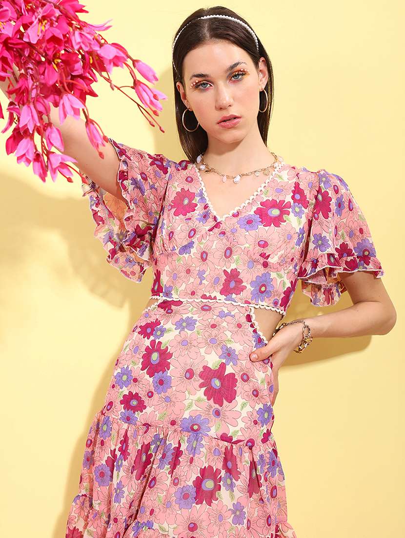 women peach polyester fit & flare dress