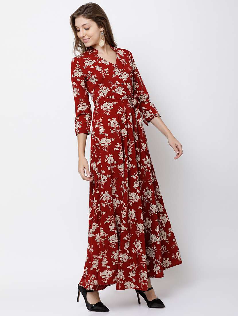 women maroon polyester a-line dress