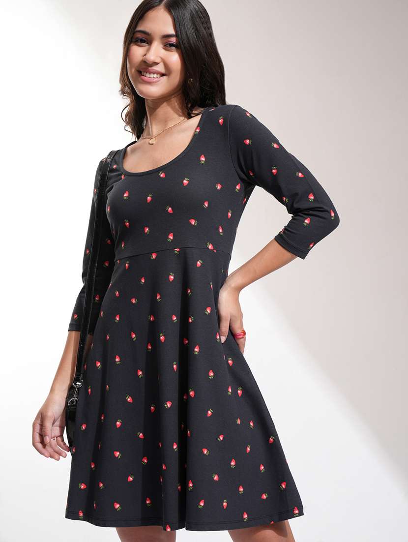 Women Black Cotton Fit & Flare Dress - 22470823 -  Standard Image - 2