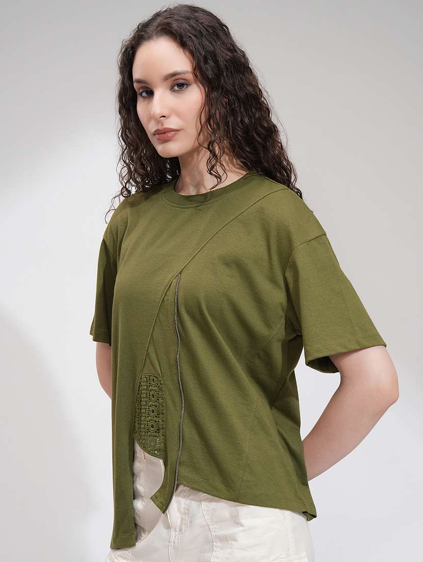 women solid olive cotton regular top