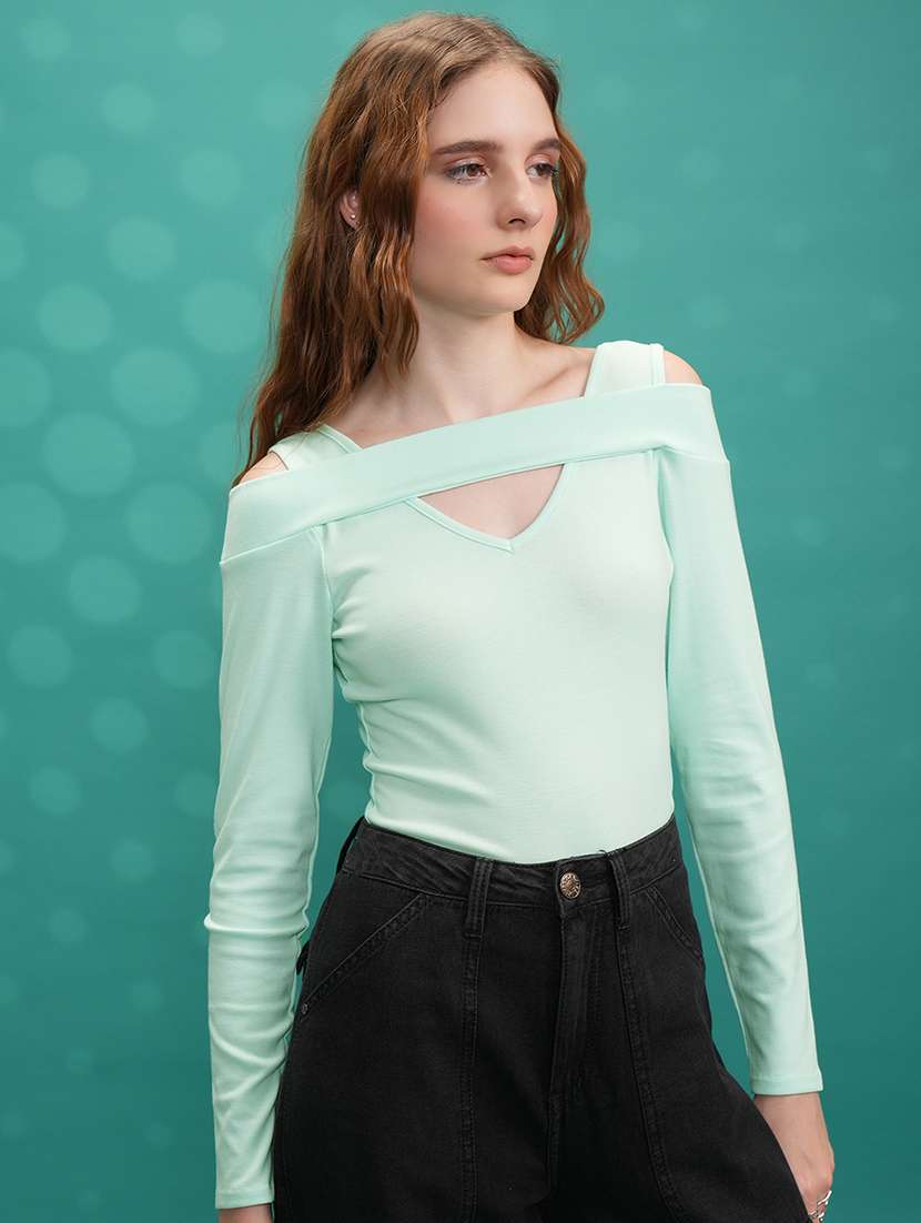 women solid green polyester regular top - 22470954 -  Standard Image - 2