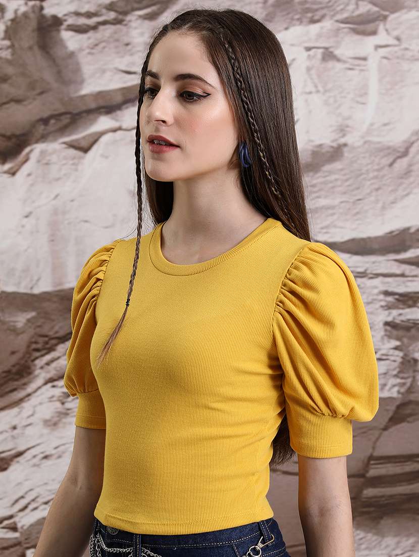 women solid mustard polyester regular top - 22470958 -  Standard Image - 2
