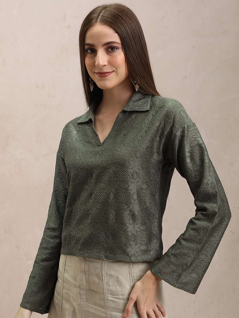 women self design olive polyester regular top - 22470960 -  Standard Image - 2