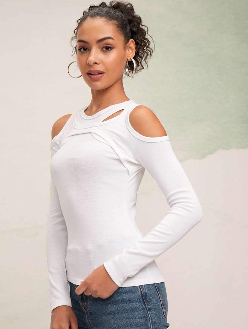 women solid white polyester regular top