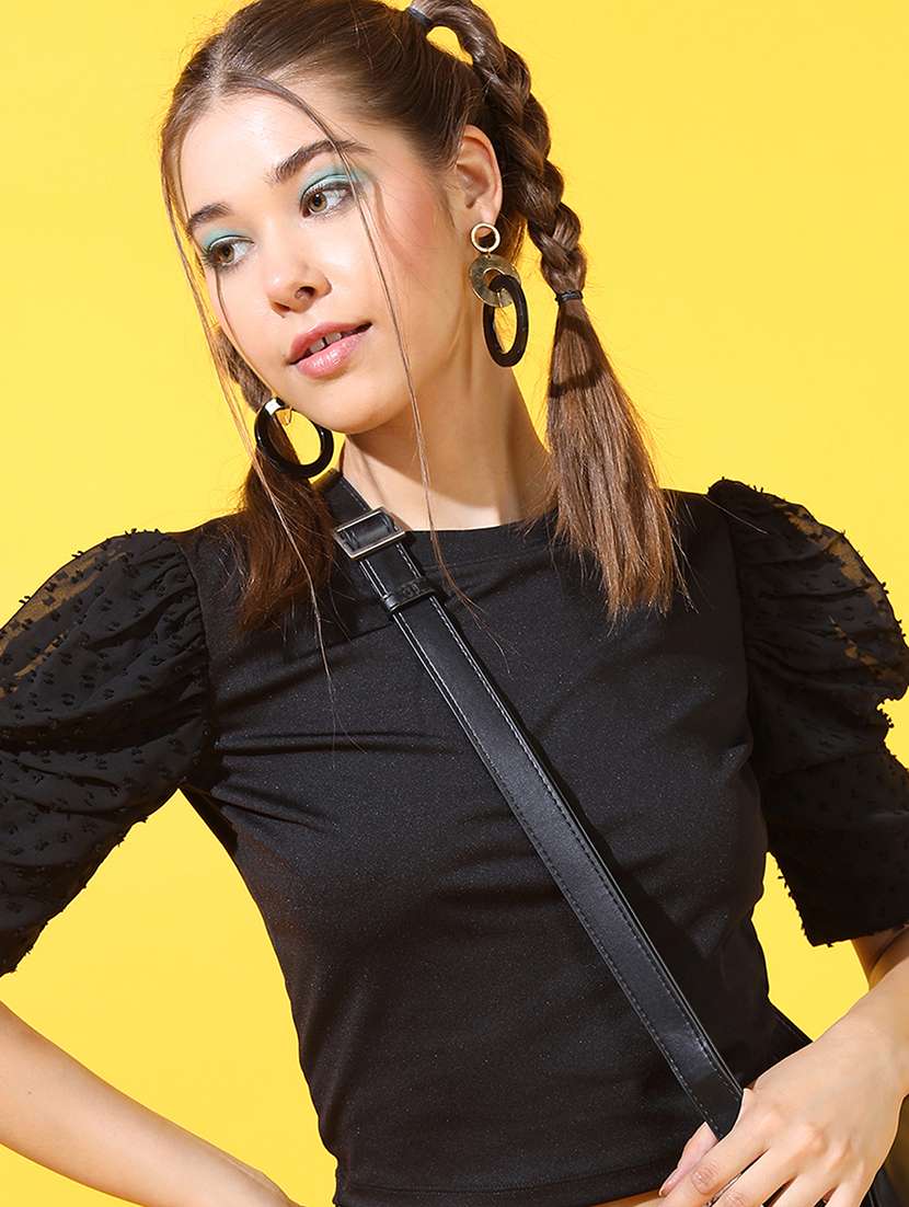 women solid black polyester regular top - 22470999 -  Standard Image - 2