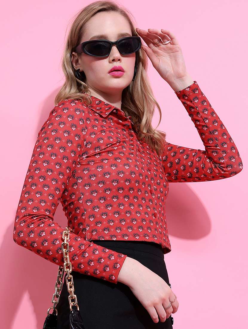 women printed red polyester regular top