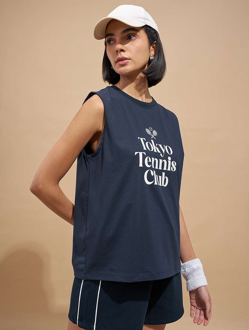 women printed navy blue cotton regular t-shirt