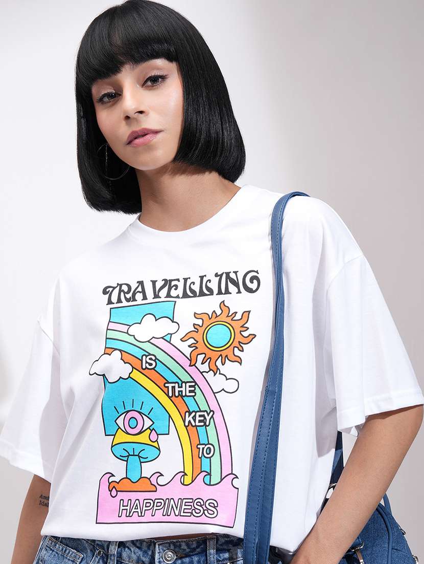 women printed white polyester regular t-shirt