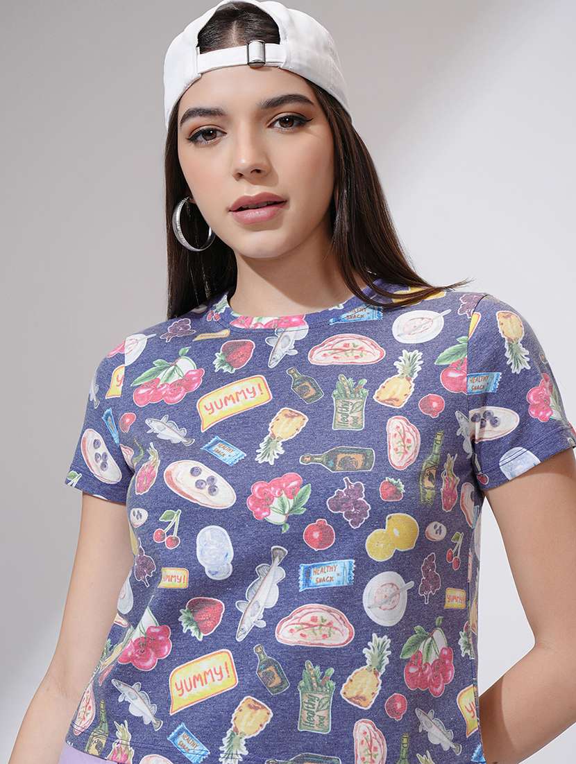 women printed navy blue polyester regular t-shirt