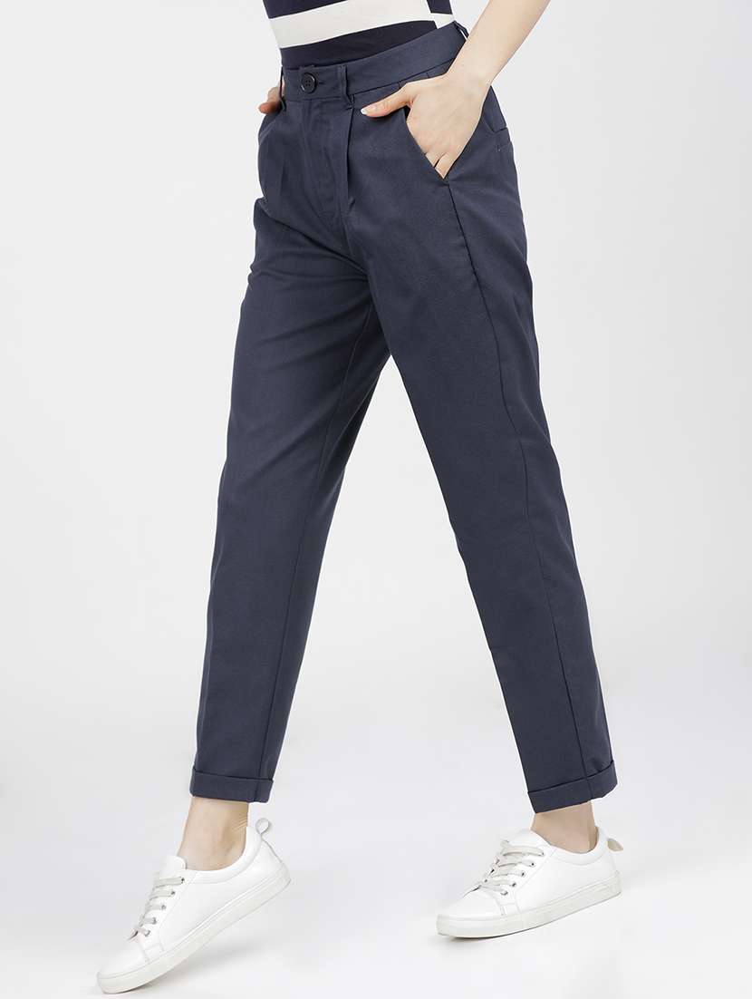 women navy blue polyester chinos trouser - 22471215 -  Standard Image - 2