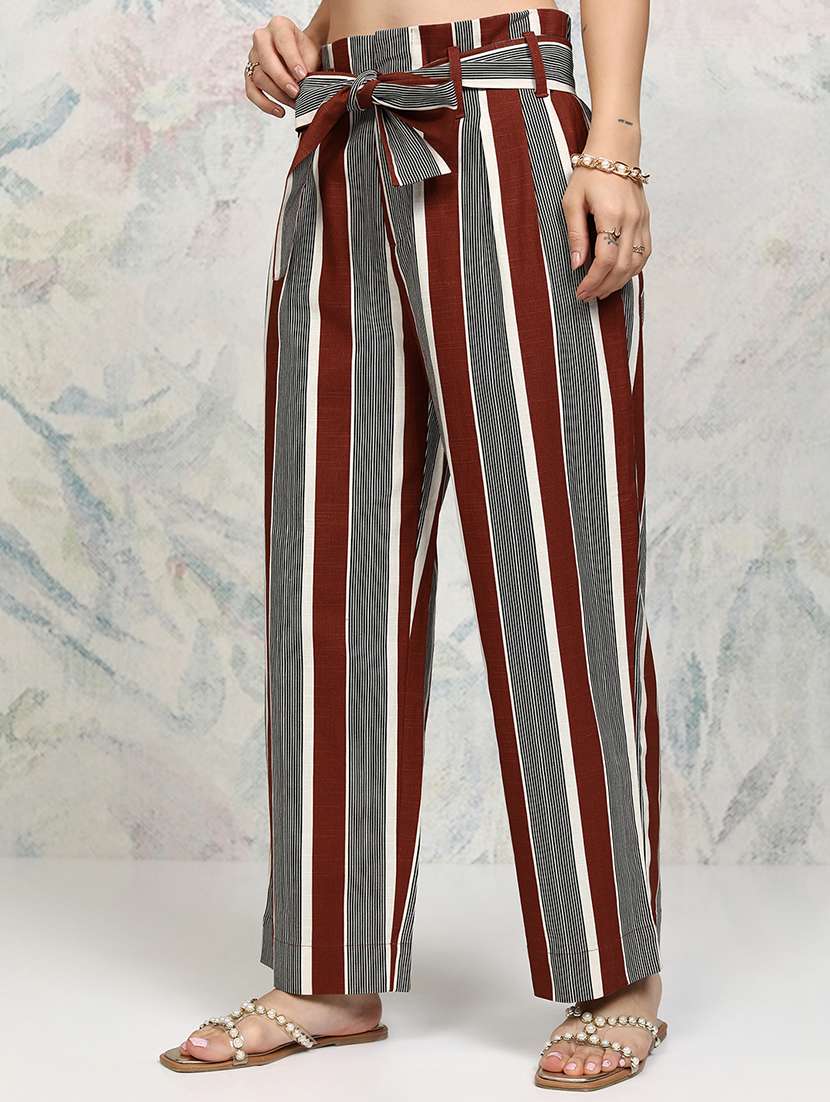 women rust striped cotton relaxed fit trousers - 22471223 -  Standard Image - 2