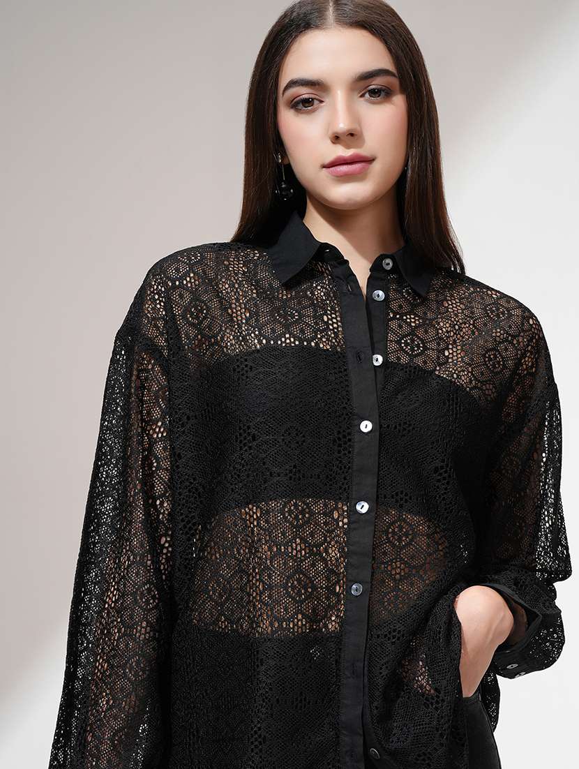 women self design black polyester regular shirt - 22471243 -  Standard Image - 2
