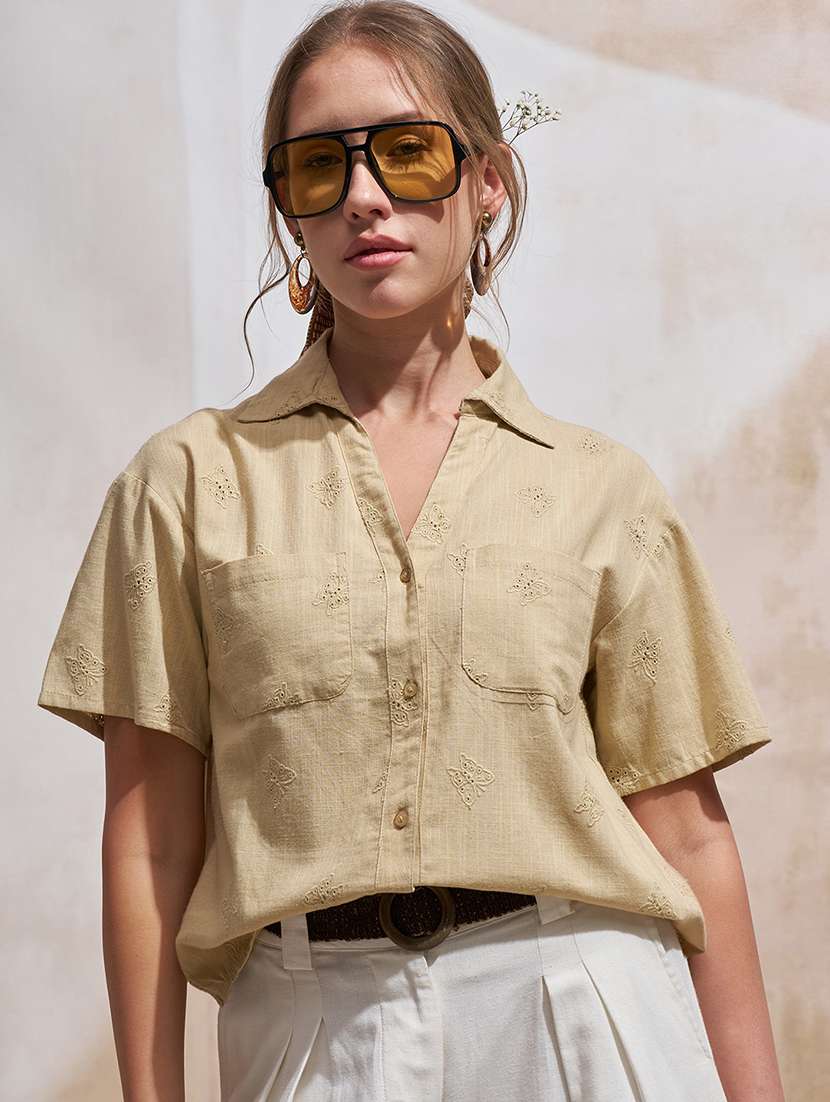 women solid beige cotton regular shirt