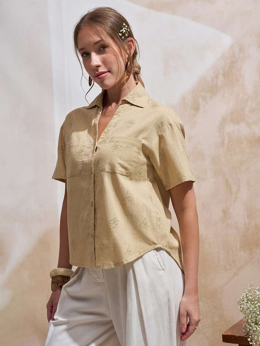 women solid beige cotton regular shirt - 22471245 -  Standard Image - 2