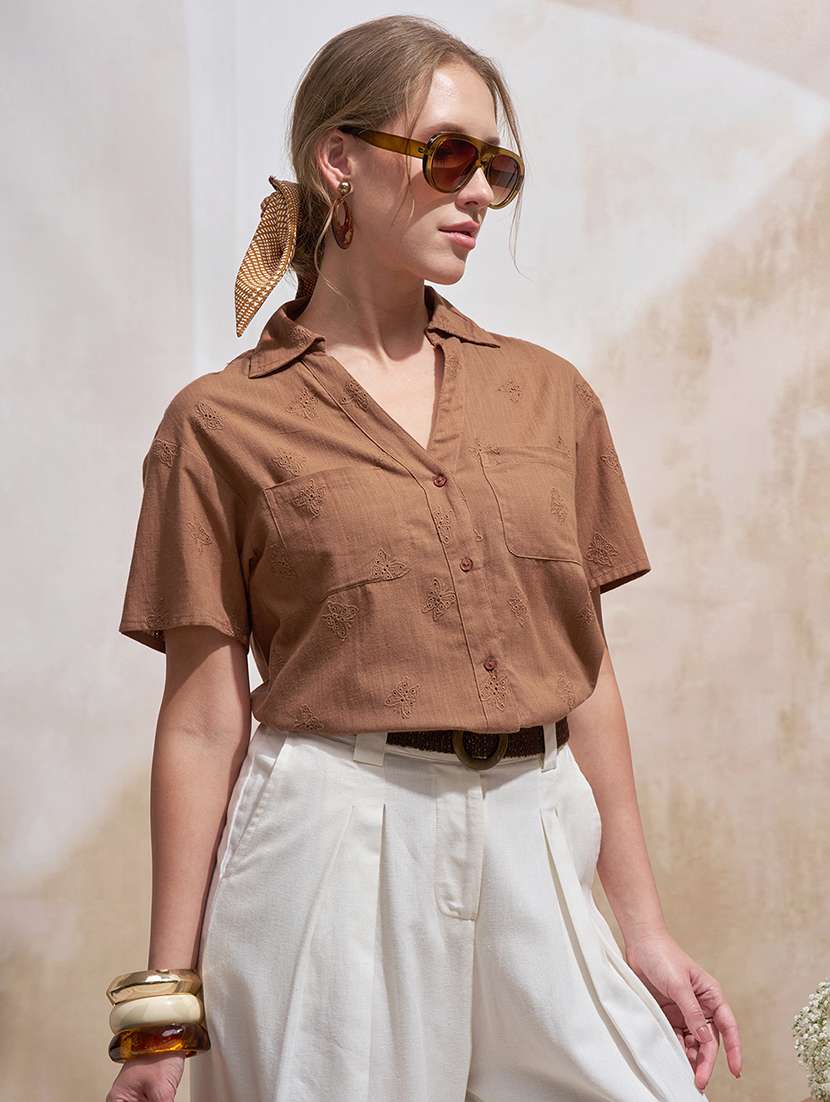 women solid brown cotton regular shirt - 22471246 -  Standard Image - 2