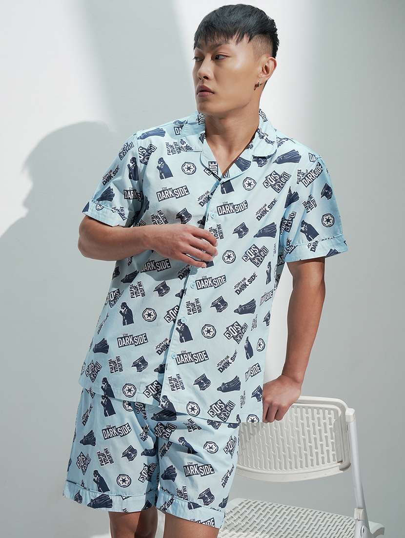 men blue cotton plain co-ord set