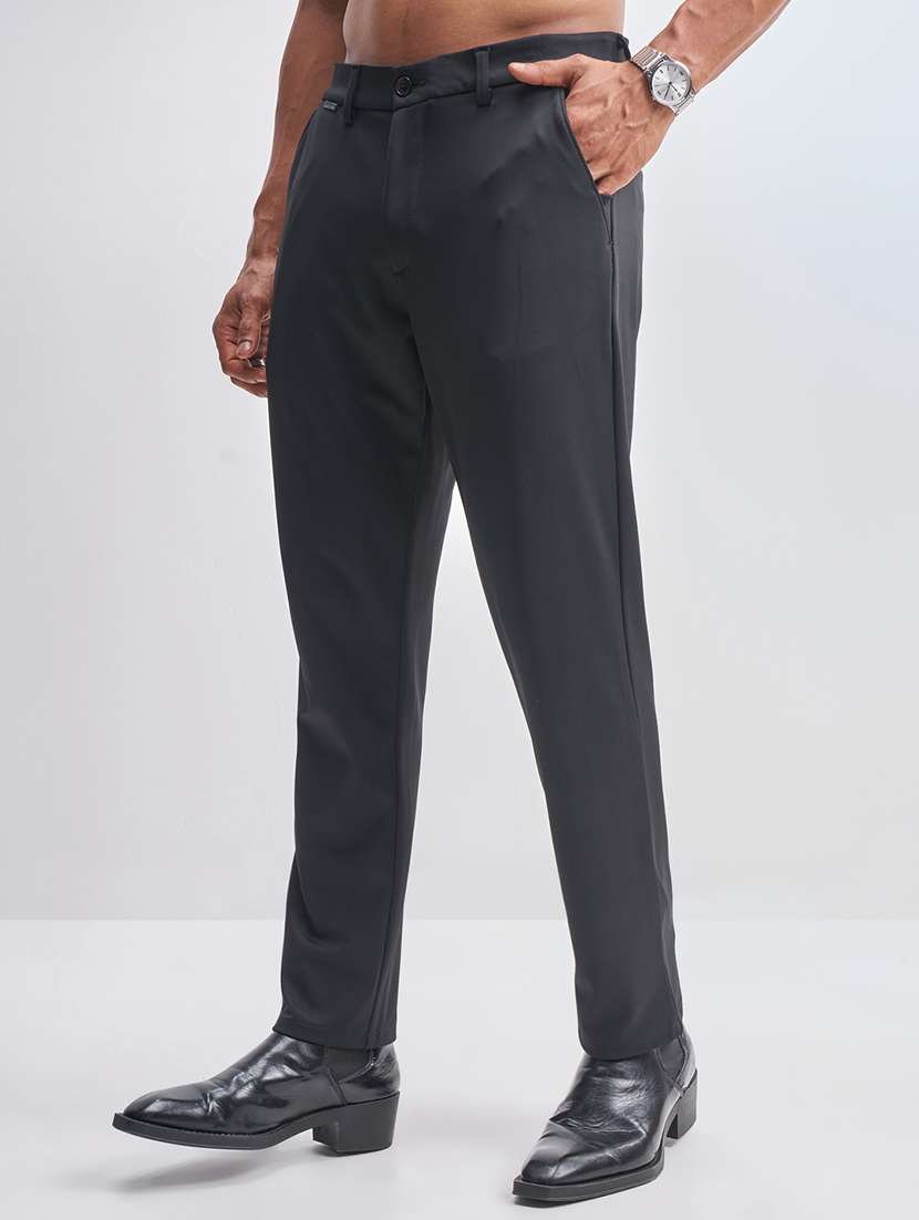 men solid black nylon chinos casual trouser - 22471307 -  Standard Image - 2