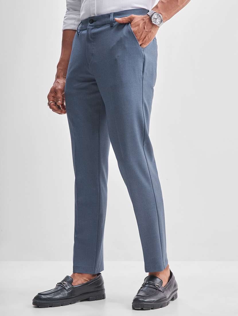men blue polyester chinos casual trouser - 22471317 -  Standard Image - 2