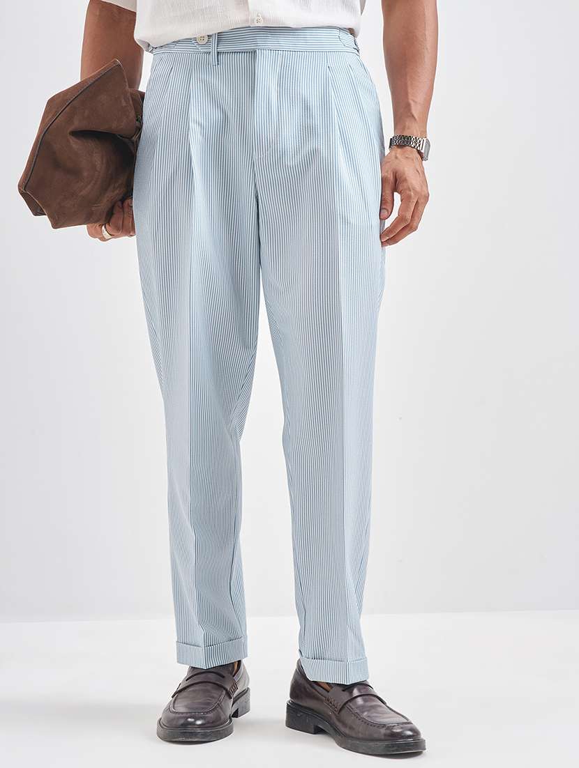 men blue polyester chinos casual trouser