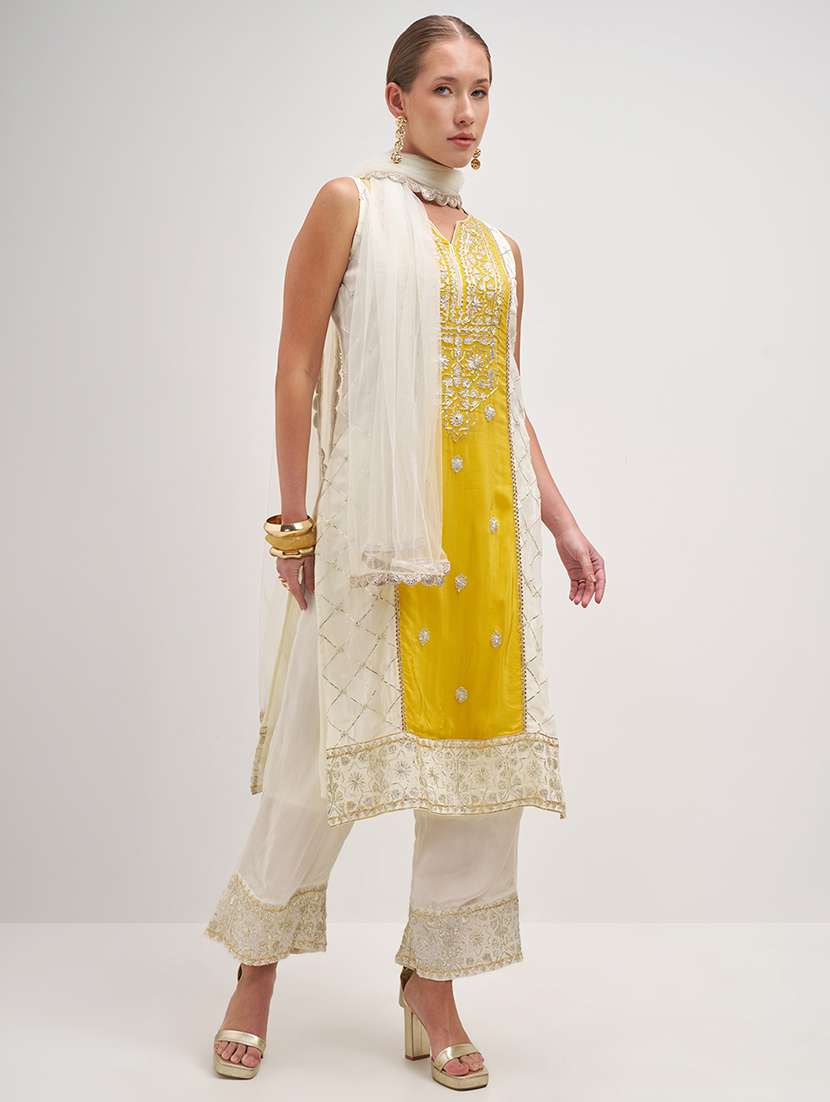 women self design yellow kurta palazzo set set - 22471461 -  Standard Image - 2