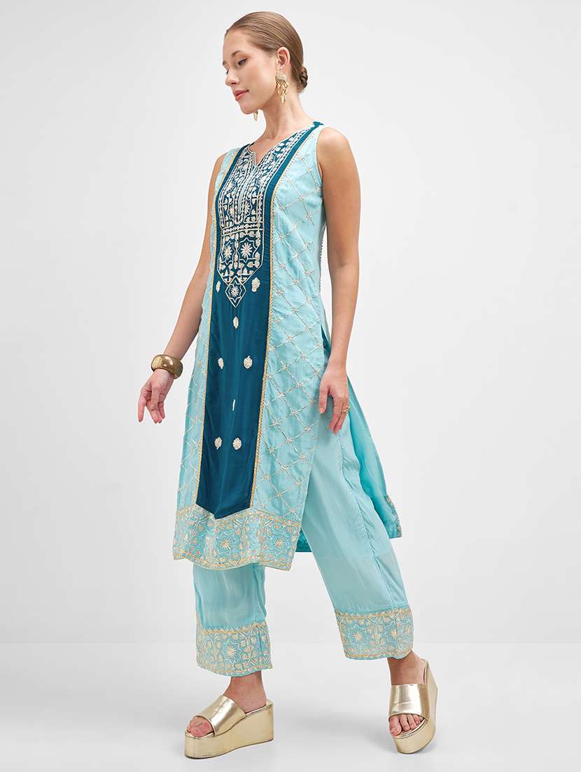 women teal kurta palazzo set set - 22471462 -  Standard Image - 2