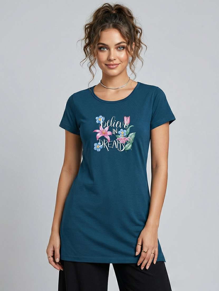 women printed  navy blue cotton blend regular t-shirt