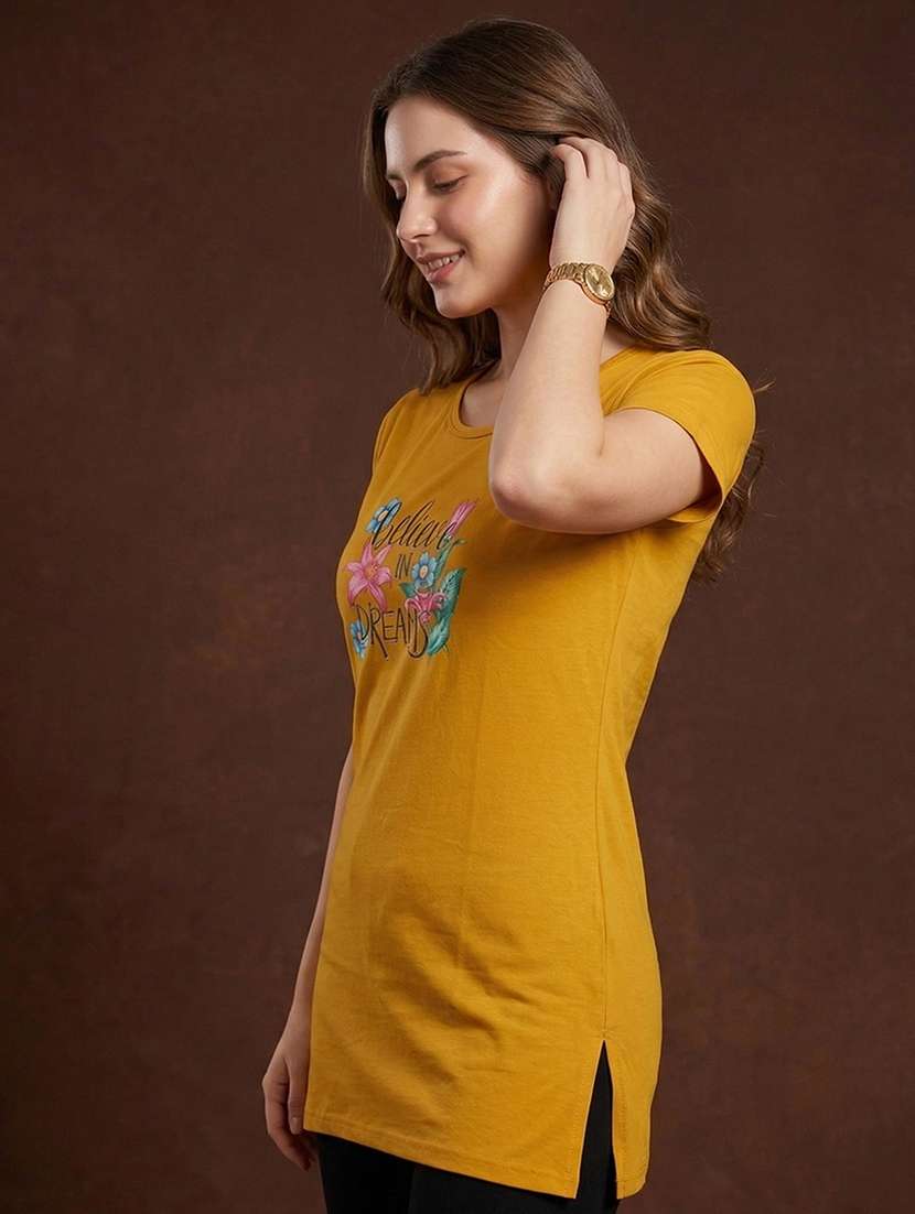 women printed  gold cotton blend regular t-shirt - 22471523 -  Standard Image - 2