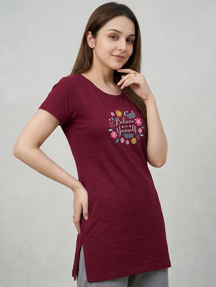 women printed  maroon cotton blend regular t-shirt - 22471528 -  Standard Image - 2