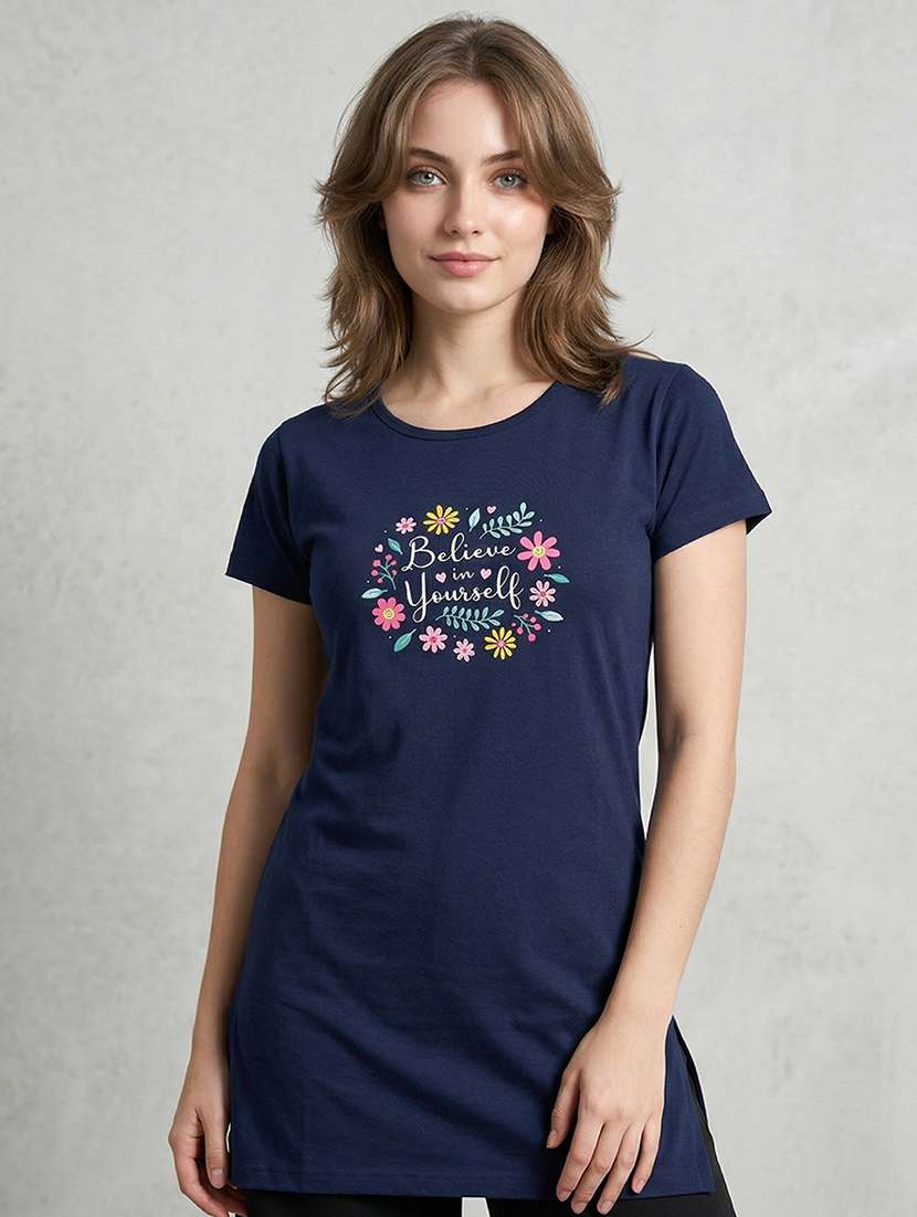 women printed navy blue cotton blend regular t-shirt