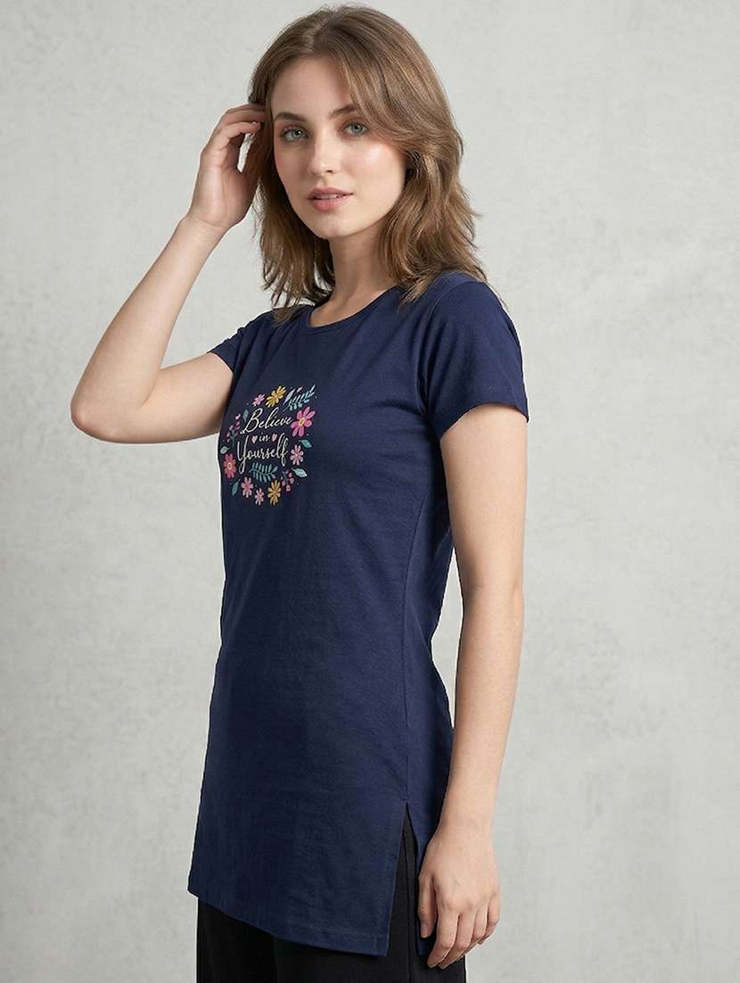 women printed navy blue cotton blend regular t-shirt - 22471529 -  Standard Image - 2