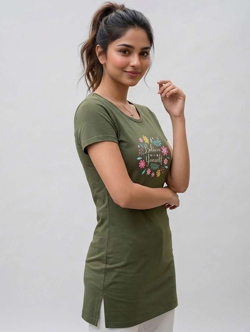 women printed olive cotton blend regular t-shirt - 22471530 -  Standard Image - 2